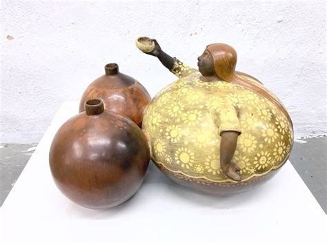 South American Studio Ceramic Figurine Of Woman With 2 Pots By Gerasimo