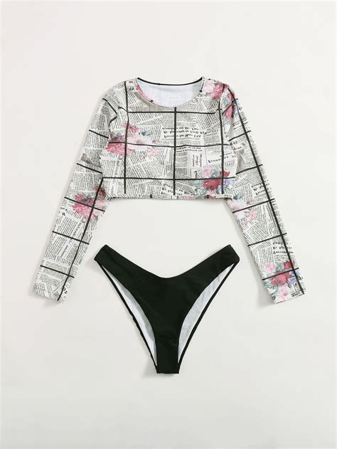 Newspaper Print High Cut Bikini Swimsuit