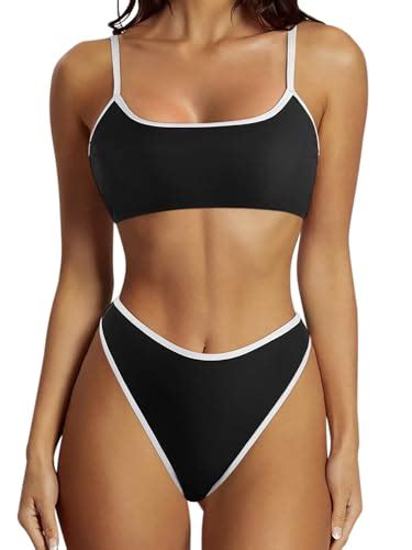 Suuksess Women High Waisted Two Piece Bikini Sets Cheeky High Cut Bandeau Swimsuits Push Up