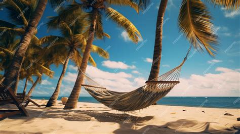 Premium Photo Palm Trees Hammocks And Beach Loungers Background