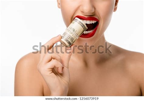 Стоковая фотография 1256073919 Cropped Shot Naked Girl Biting Rolled Shutterstock