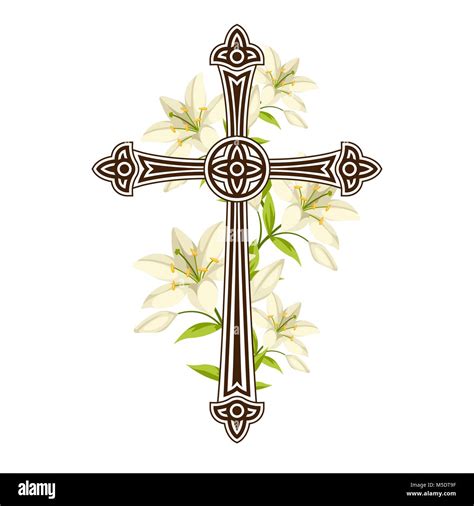 Silhouette Of Ornate Cross With Lilies Happy Easter Concept