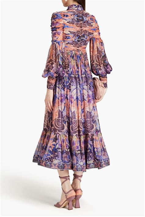 ZIMMERMANN Ruched Pussy Bow Printed Georgette Midi Dress THE OUTNET