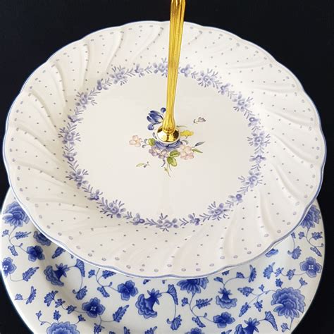 Tier Cake Stand Mismatched Vintage Plates Floral Blue Purple White