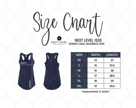 Next Level 1533 Size Chart Next Level Racerback Tank Size Chart Next Level Tank Top Size Chart