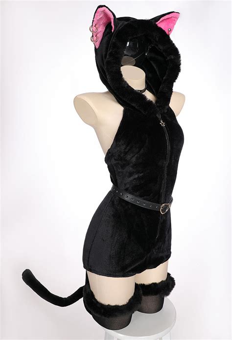 Moon Cat Sexy Lingerie Bodysuit Gothic Lingerie Outfit Black Plush Hooded Romper With Belt