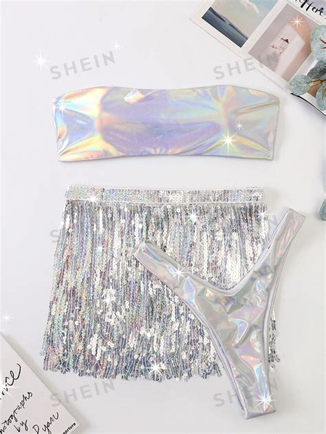 SHEIN Swim Vcay 3 piezas holográfico Bañador bikini bandeau con