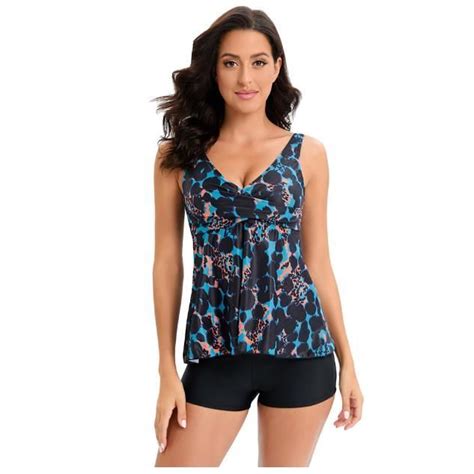 Maillot De Bain Deux Pièce Tankini Femmes Push Up Bikini Vintage Imprimé avec Short De Bain