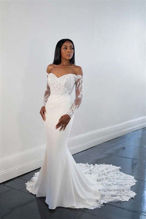 Glamourous Off The Shoulder Sheath Lace Wedding Dress With Cutout Train