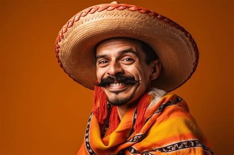 Feliz Hombre Mexicano Con Sombrero Y Poncho Brillante Aislado Sobre