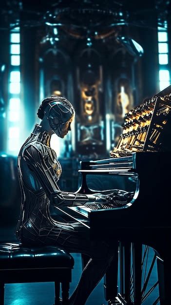 Premium Ai Image A Robot Playing A Piano In A Dark Room