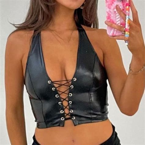 Femmes Mode Casual Sexy Cuir Lingerie Halter Bandage Gilet Sous