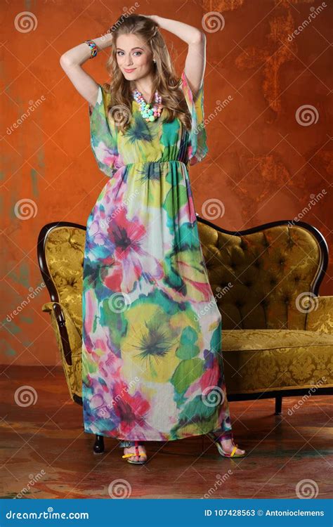 Attractive Slender Happy Blonde Model Posing In Full Height On High Heels Stock Image Image Of