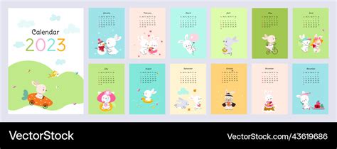 Wall calendar 2023 with cute rabbits kid animals Vector Image