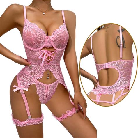 Elegant Floral Design Sexy Babydoll G String Lace Corset Lingerie Set AllYours Pk