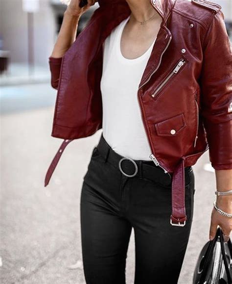 New Burgundy Faux Leather Moto Women Biker Belted Jacket Motorcycle