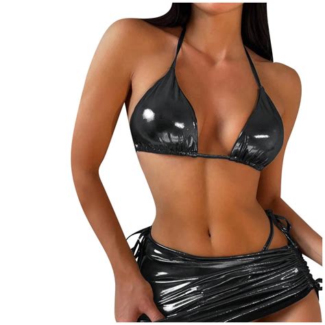 Women 3 Piece Shiny Metallic Swimsuits Halter Triangle String Bikini Set With Beach Skirt Sexy