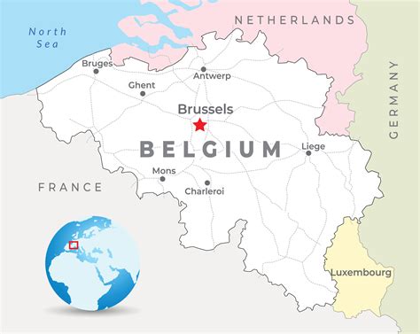 Belgium map with capital Brussels, most important cities and national