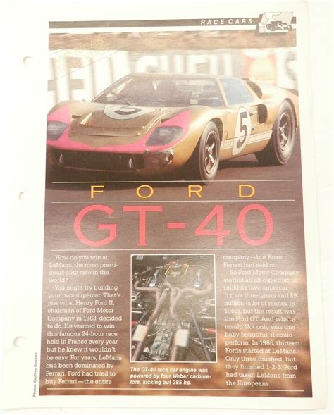 Ford Gt Vintage S Racing Car Gt Spec Sheet Fact Card Ebay