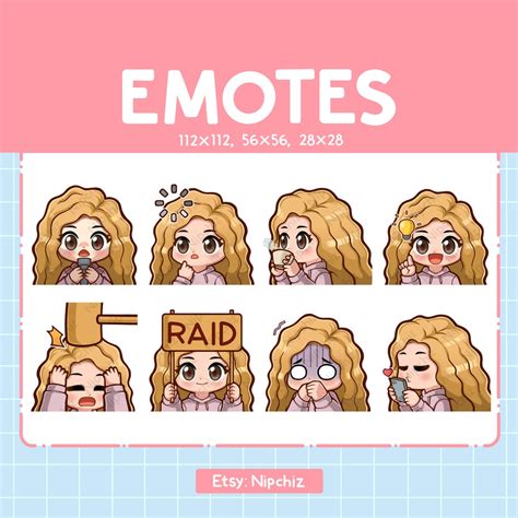 Kawaii Girl Emotes 8 Blonde Curly Hair Cute Emotes For Streamer Brown Eyes Chibi Girl