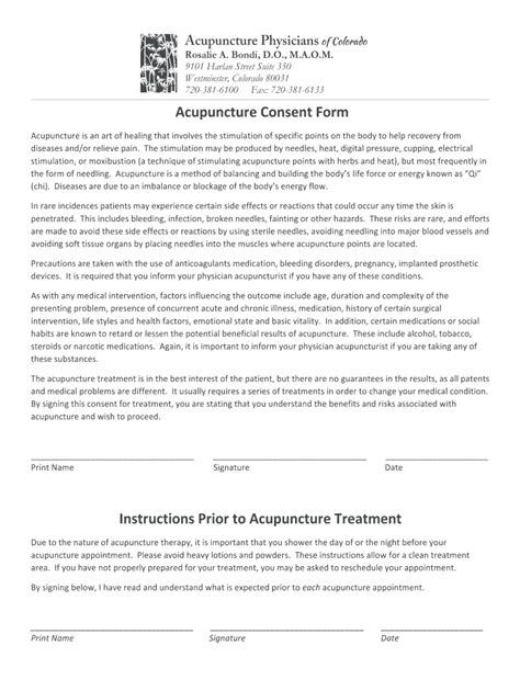 Fillable Online Acupuncture Consent Form Acupuncture Physicians Of