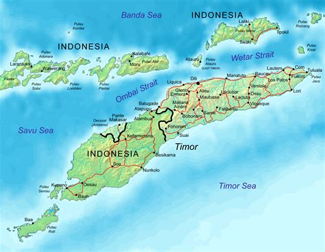 Road and physical map of East Timor. East Timor road and physical map