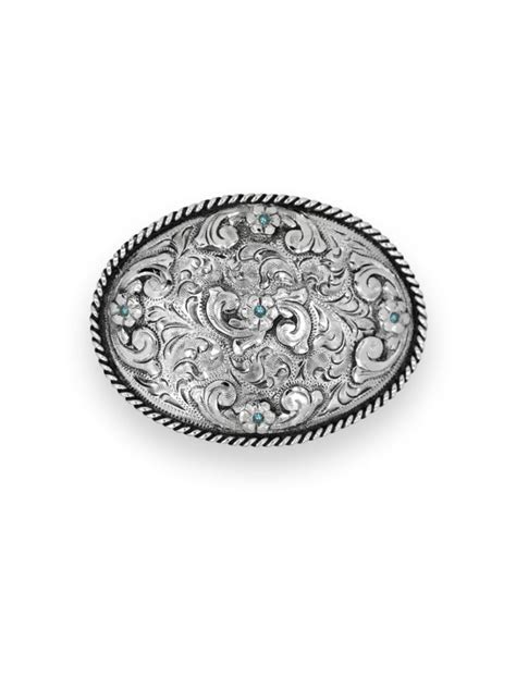 Engraved Silver Fashion Belt Buckle w/ Blue Topaz - Hyo Silver