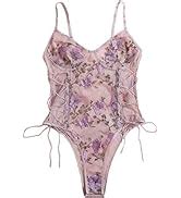 Amazon Lilosy Women Sexy Lace Up Floral Embroidered Teddy Lingerie Bodysuit Top Mesh Sheer