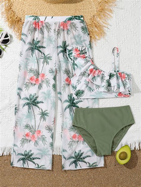 Tween Girl Tropical Print Ruffle Trim Bikini Set With Cover Up Pants Summer Beach SHEIN USA