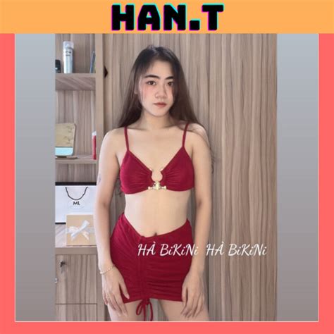 Đồ bơi Bikini đi biển ba mảnh thun xốp gân phối khoen sang chảnh màu đỏ đô mới nhất HAN T Shop