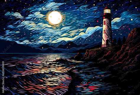 Colorful Lighthouse In Ocean Colorized Seascape At Night In The Style