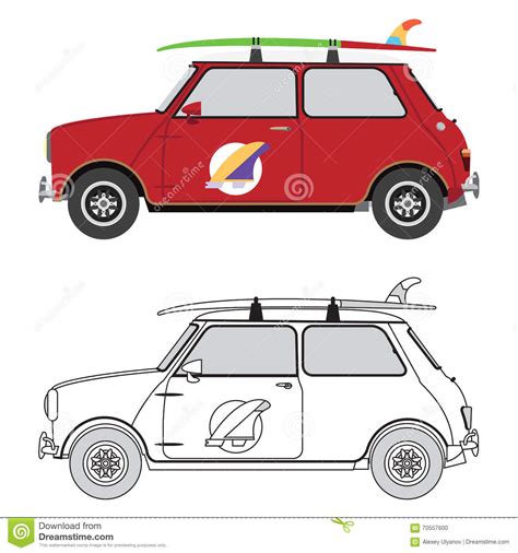 Retro Car With Surfboard On The Roof Stock Vector Illustration Of