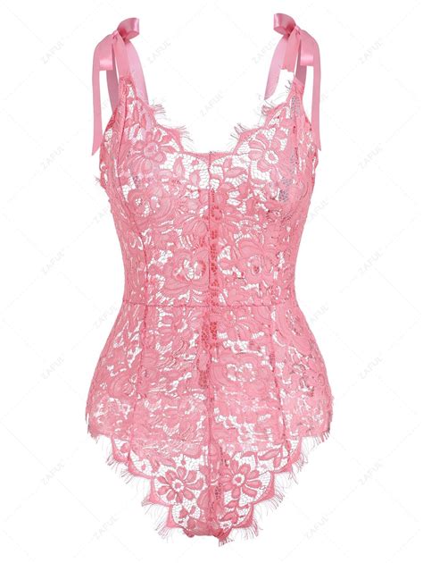 Off Tie Shoulder Scalloped Trim Lace Lingerie Teddy In Light Pink Zaful