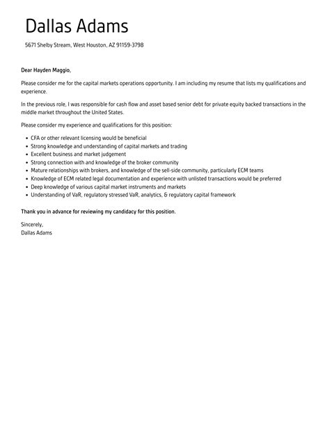 Capital Markets Operations Cover Letter Velvet Jobs