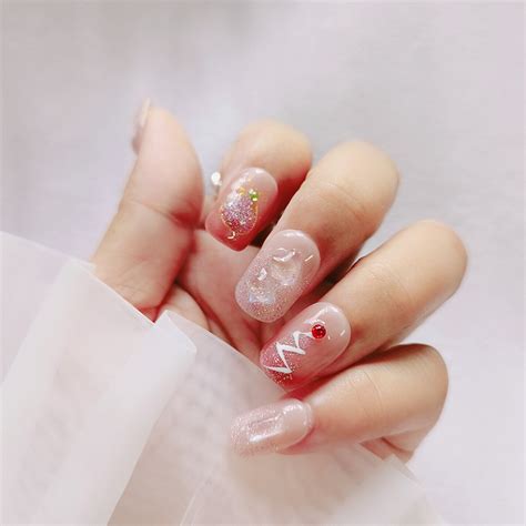 Okk Nail Art Hand Painted Cute Nude Bling Pink Christmas Fake Nails Xing Tuo Biotech