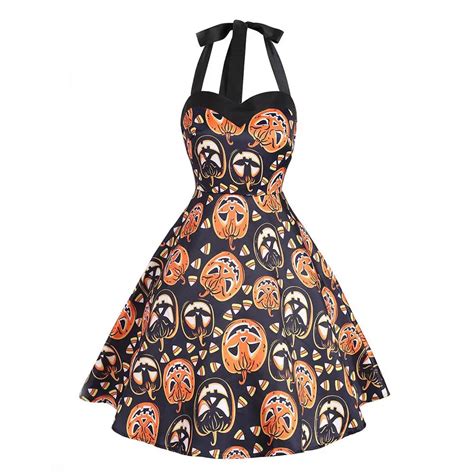 Retro Hepburn Style Sexy Halter Strap Pumpkin Ghost Print Flare