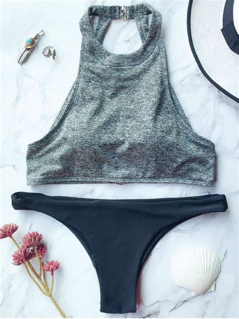 OFF High Neck Padded Thong Bikini In GRAY ZAFUL