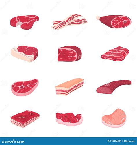 Raw Meat Collection Flat Meats Icons Food Cooked Pork Isolated Fresh