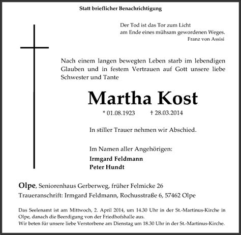 Traueranzeigen Von Martha Kost Trauer In NRW De