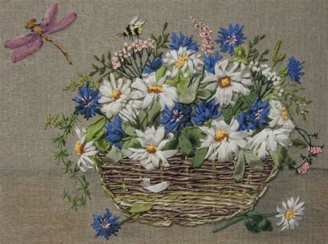 Корзинка с полевыми цветами | Ribbon embroidery, Wicker laundry basket ...