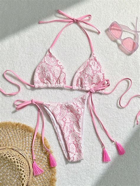 Shein Swim Conjunto De Bikini De Encaje Soluble En Agua Para Mujer Con Cuello Halter Traje De