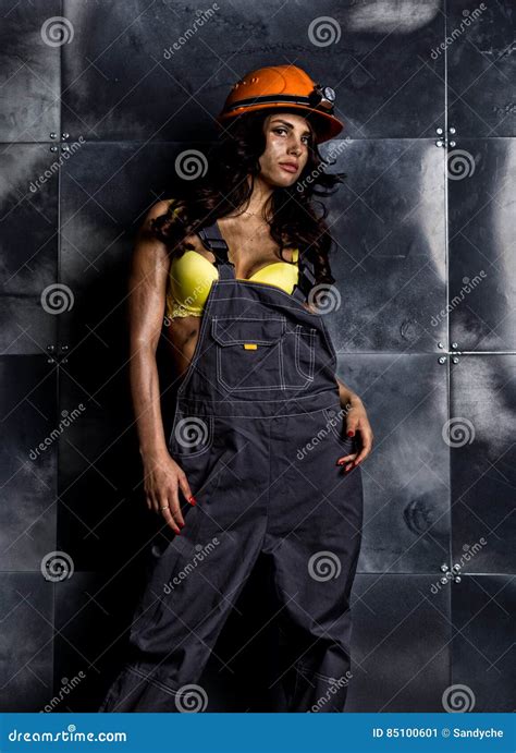 Female Miner Worker With Pickaxe In Coveralls Over His Naked Body Stock Image Image Of Adult