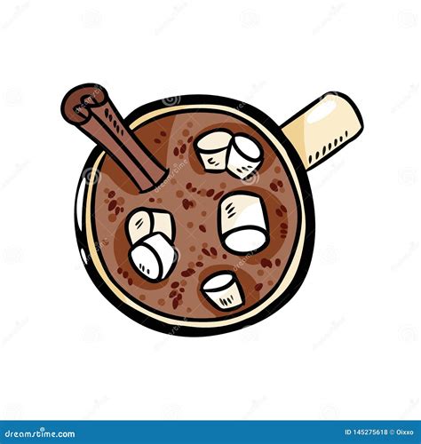 Cacao Hot Chocolate With Marshmallow Cute Image Hand Drawn Cartoon Style Cozy Clip Art Stock