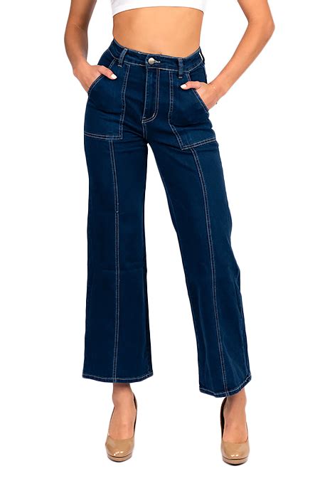 Wakee Dark Blue Wide Leg Jeans With Feature Stitching 7075 Fashion