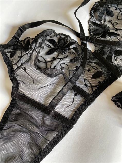 See Through Lingerie Set Black Lace Lingerie Set Floral Open Bra And Brazilian Panties