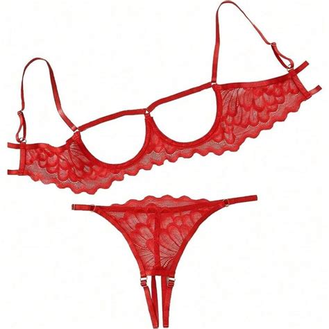 Sexy Underwire Floral Lace Sheer Lingerie Set For Women See Through Bra And Panty Piece