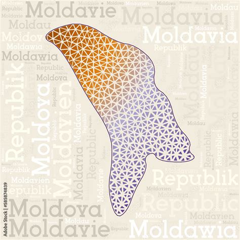 MOLDOVA map design. Country names in different languages and map shape ...