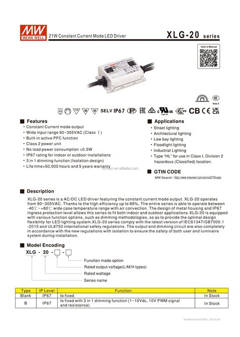 Meanwell Xlg Ab W A V Constant Power Mode Ac Dc Led Off