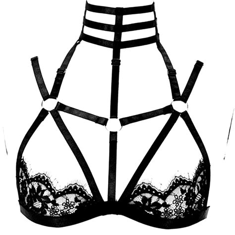 Womens Sexy Sheer Lace Caged Bra Bondage Lingerie Elastic Adjust Back