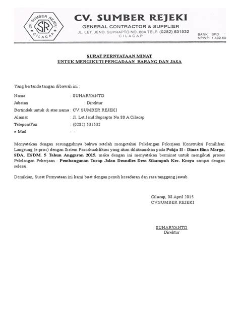 Detail Surat Pernyataan Minat Koleksi Nomer